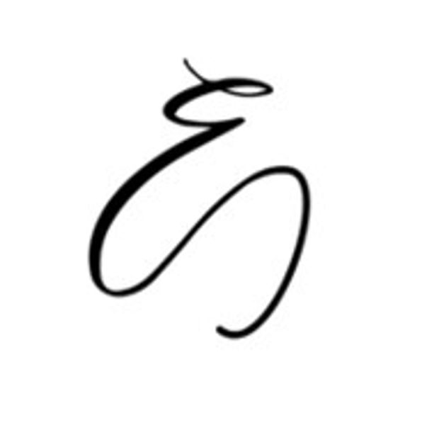 Elegant cursive letter 'E' on a white background.