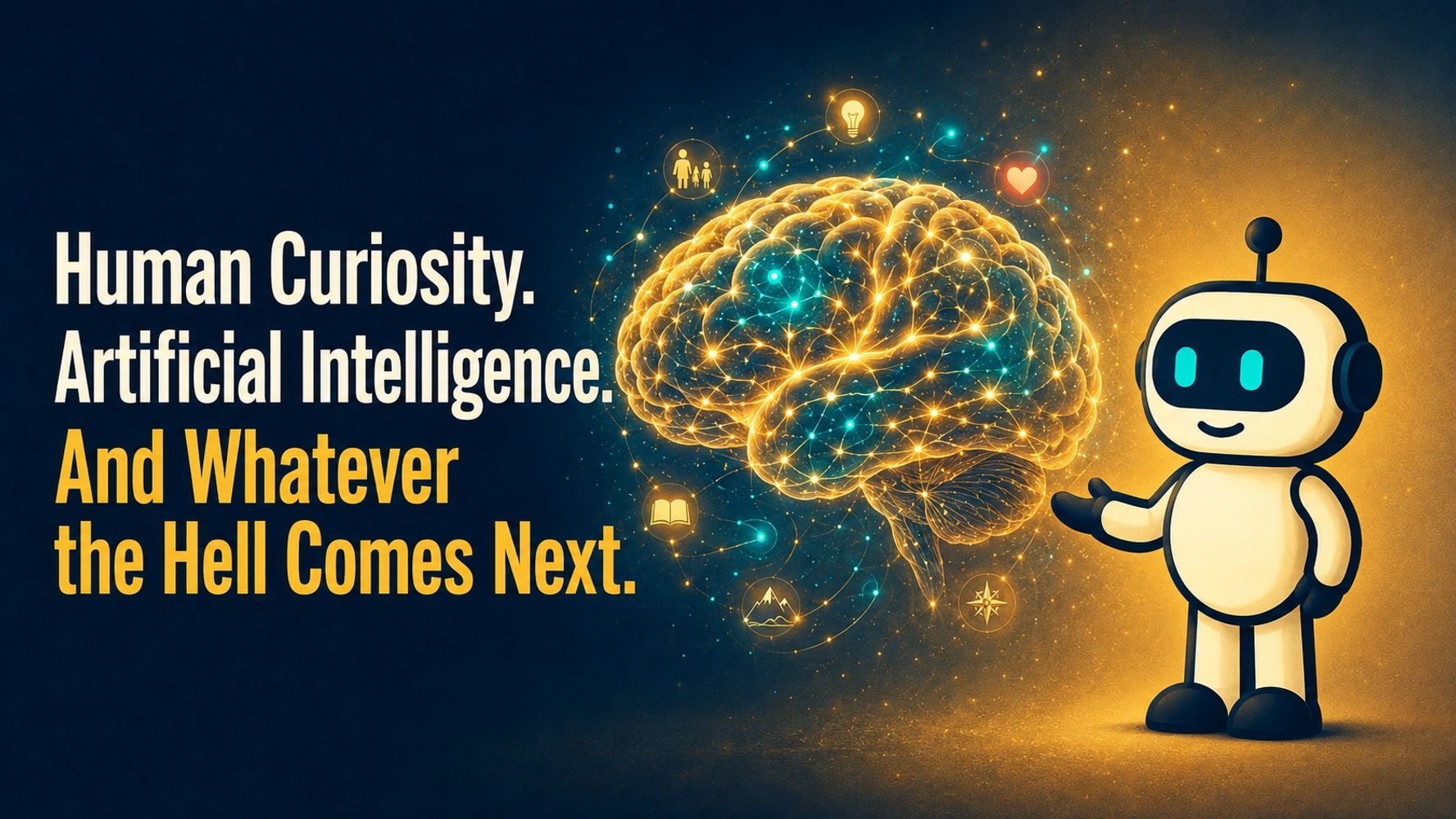 Robot presents human curiosity and AI with bold future statement.