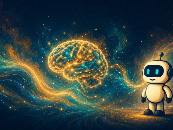 A robot observing a glowing interconnected brain.