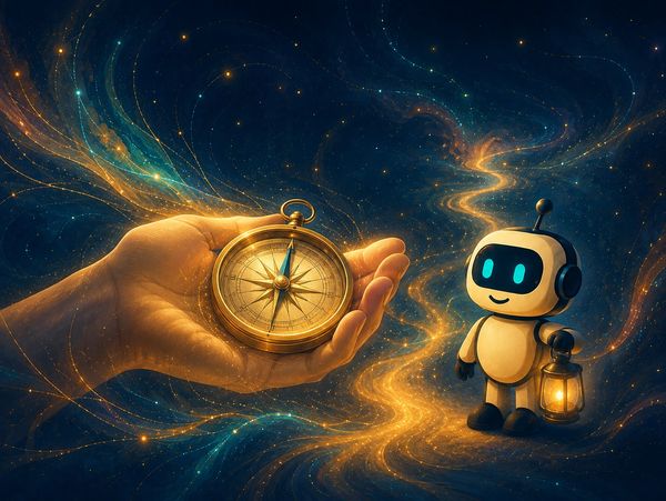 Robot holding lantern, hand holding compass, cosmic background.