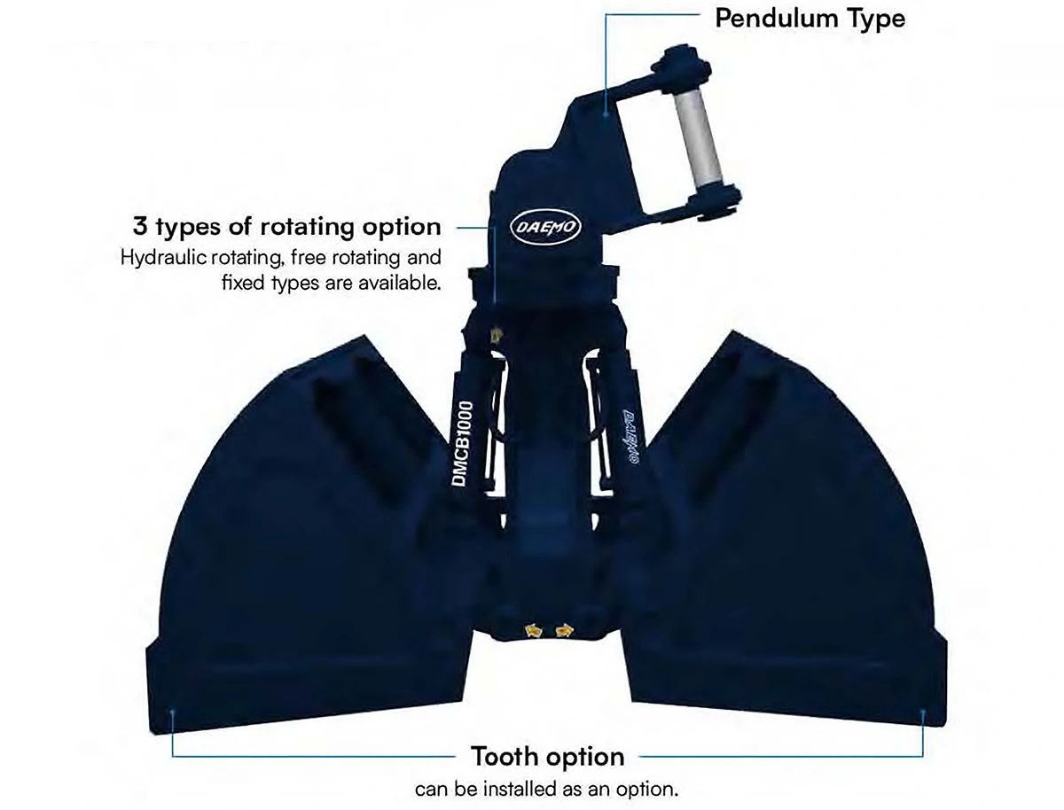 Industrial grapple attachment with pendulum and tooth options for rotating.
