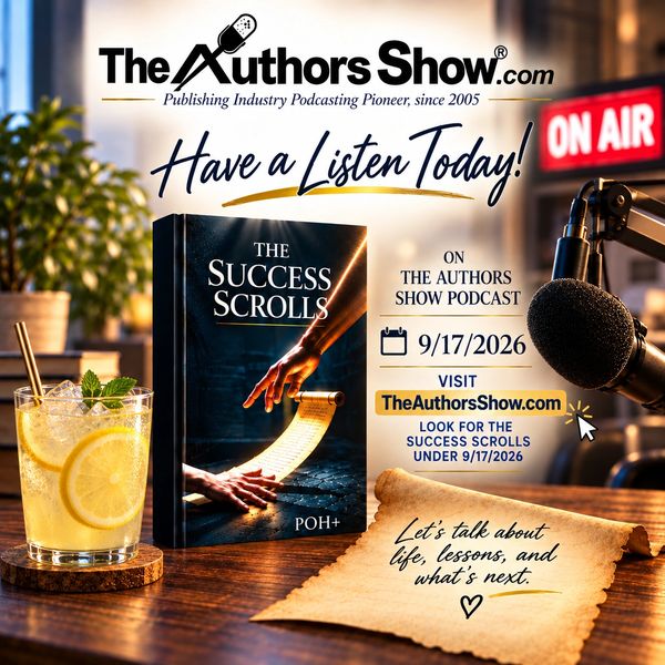 Promotional image for The Authors Show podcast featuring the book 'The Success Scrolls' and encouragement to listen on 9/17/2026.