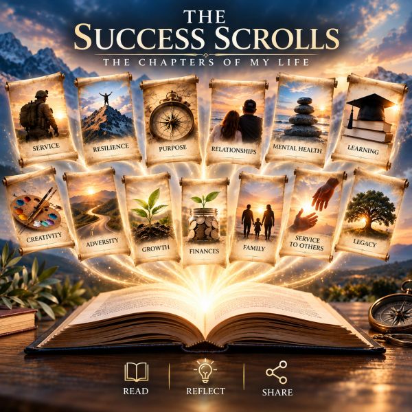 Open book with glowing success scrolls representing life chapters.