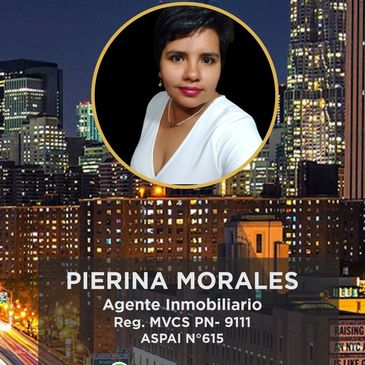 Professional real estate agent Pierina Morales with city skyline backdrop.