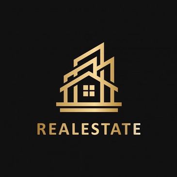 Elegant gold real estate logo on black background.