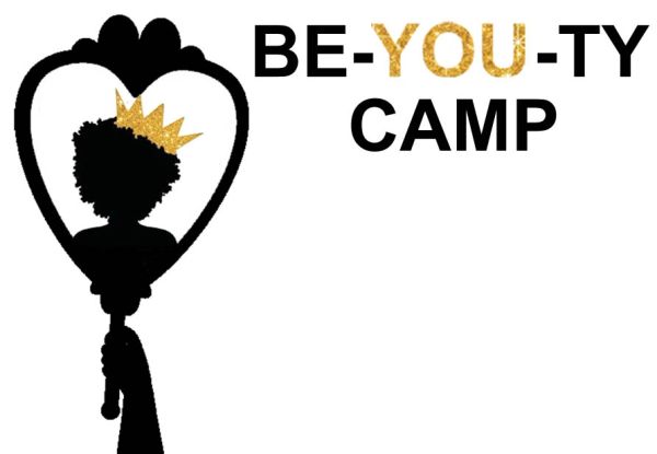 Logo of BE-YOU-TY CAMP with silhouette in mirror.