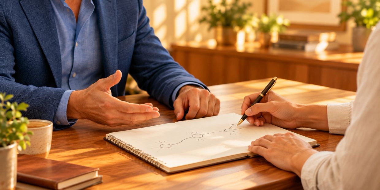 Two people discussing a diagram in a notebook.