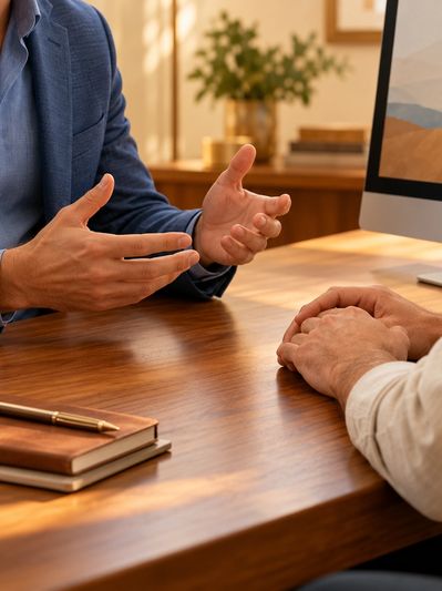 Coach in a blue blazer discussing an idea with a client at a desk