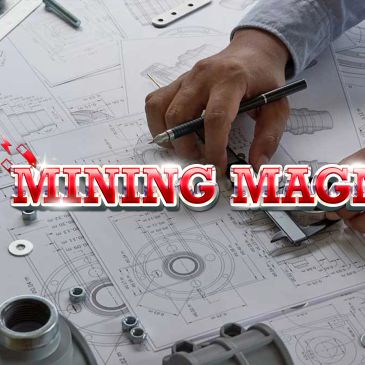 Engineer working on mechanical blueprints with mining-related text overlay.