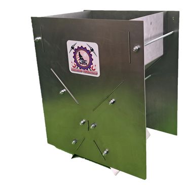 Metal box with screws and logo sticker.