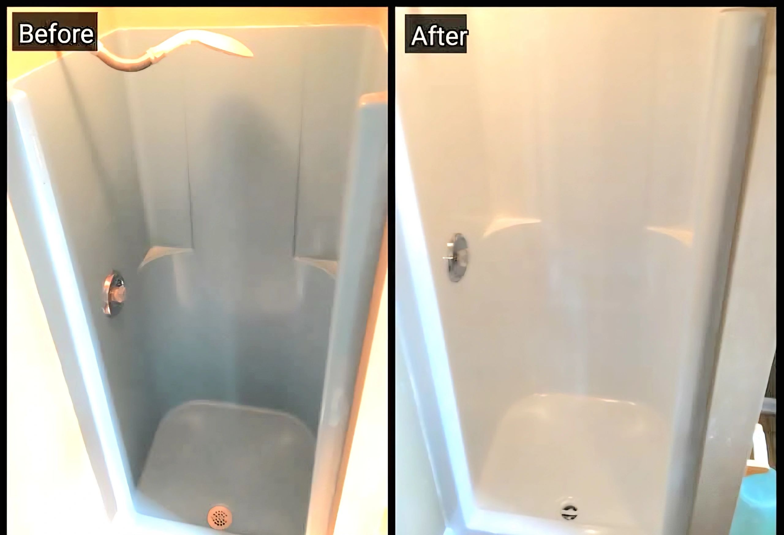 Before and after of a cleaned shower stall.