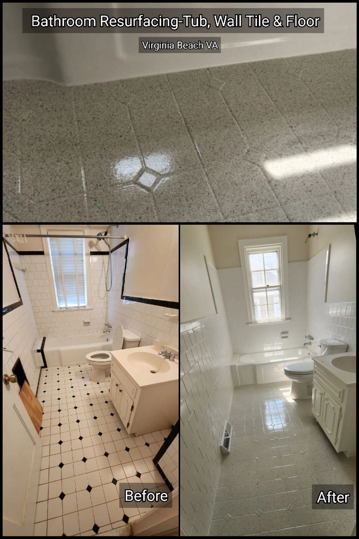 Bathroom resurfacing in virginia beach VA
Resurfaced the bathtub , the tile walls and the tile floor