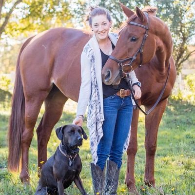 Woman smiling with a horse and a black dog in a sunny outdoor setting.