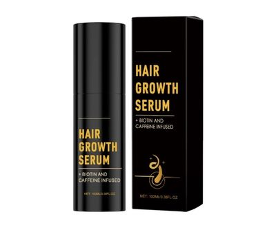 Black bottle and box of hair growth serum with biotin and caffeine.