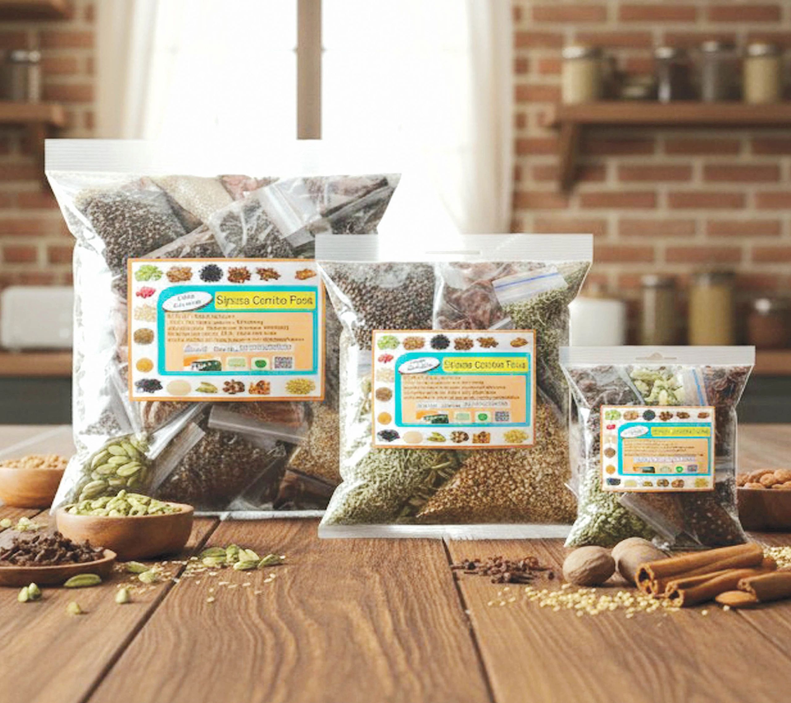 Three transparent bags filled with assorted spices on a wooden table.