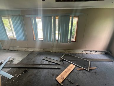 Living room of a house, the baseboard heaters ripped out by squatters for the copper pipes inside.