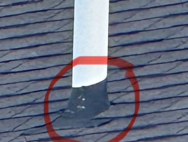 Plumbing Vent on a roof with holes in the vent boot found during a home watch inspection.