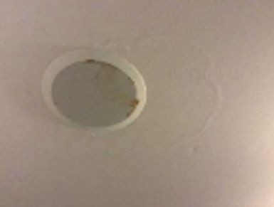 Water leaking out of a speaker in the ceiling found during a home watch inspection.