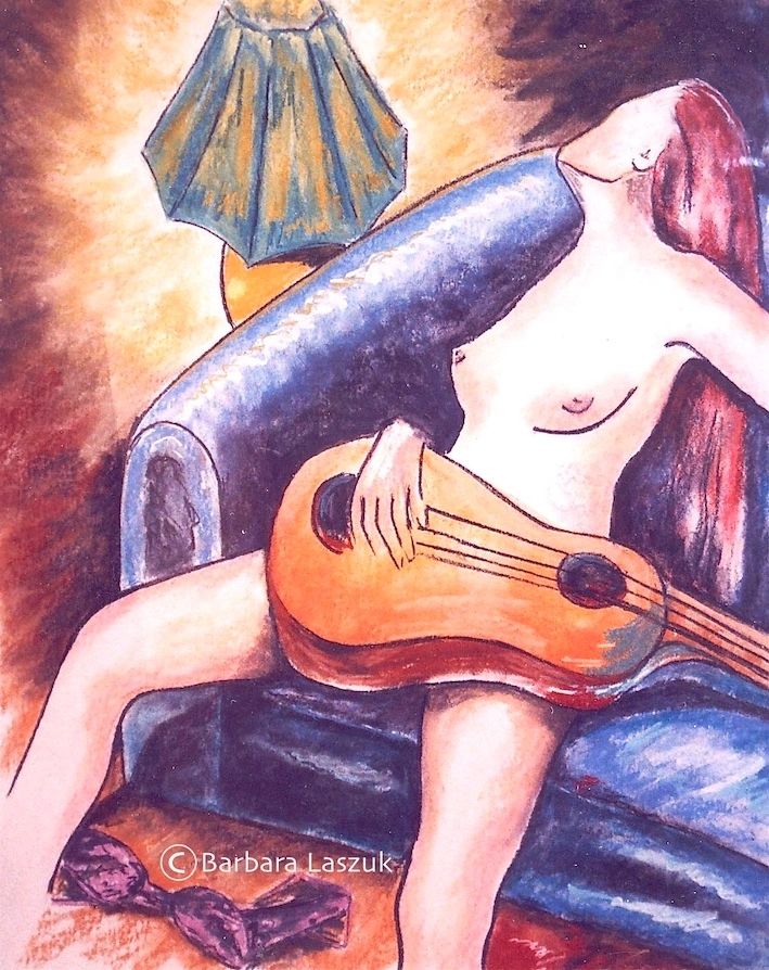 Painting of a nude woman with a guitar on a couch.