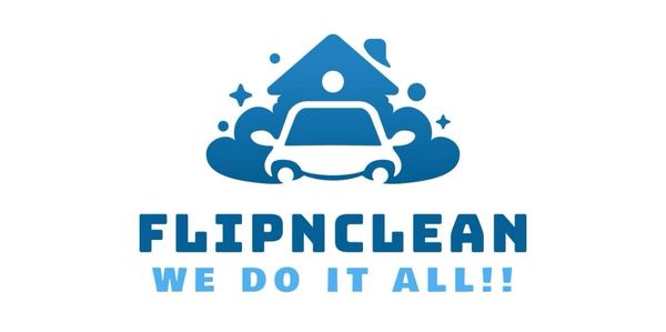 Logo for FlipNClean with a house and car, slogan 'We do it all!!'