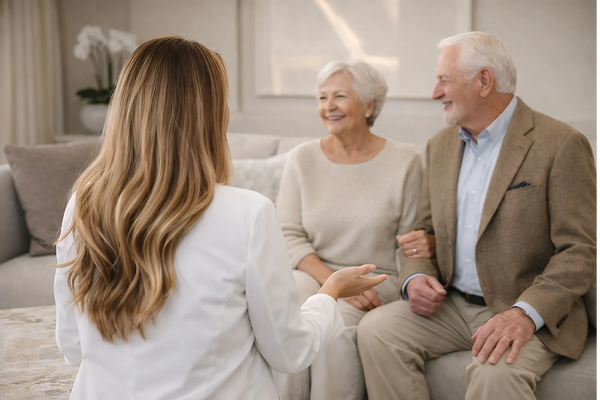 Dr. Jessica Smith consulting with senior patients during an on-site concierge dental visit.