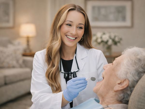 Dr. Jessica Smith, DMD, providing compassionate dental care to a senior patient.