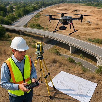 Surveyor using a drone and equipment near a highway construction site.