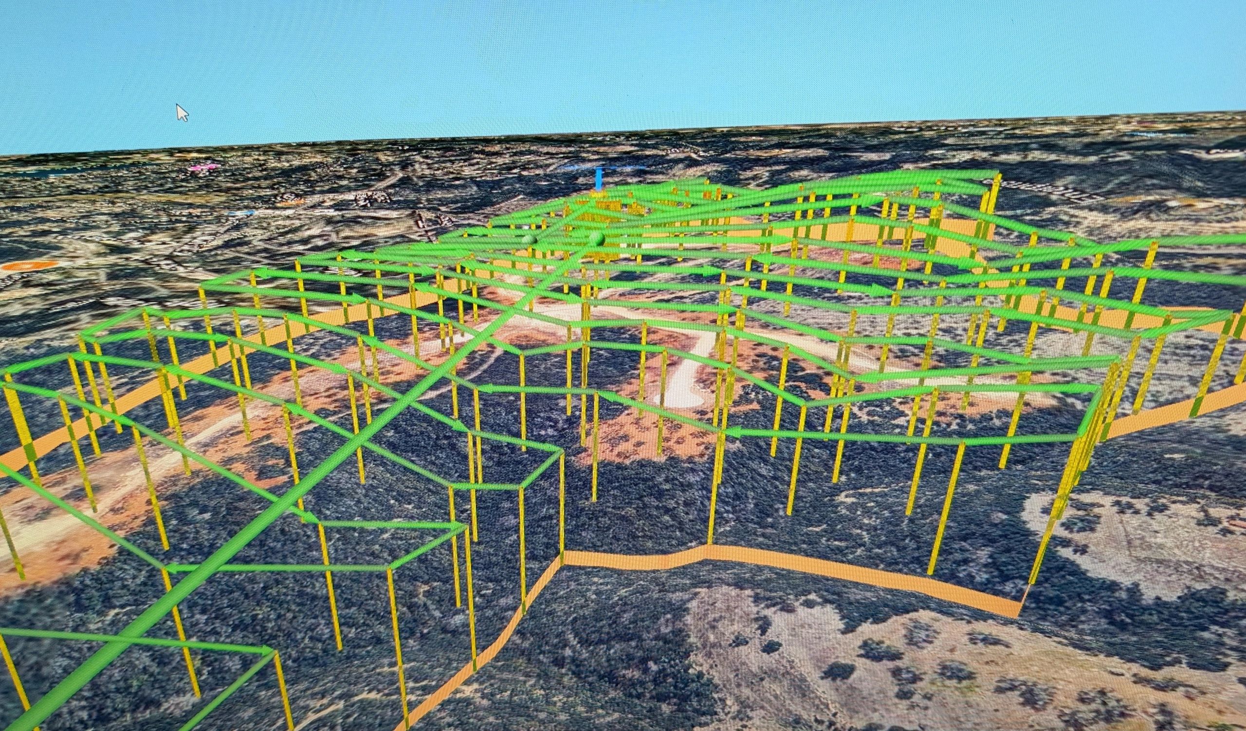 Aerial photogrammetry model of a construction site in Texas showing structural steel framing
