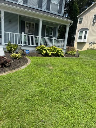 Front yard with green grass, plants, and a porch with white railing.