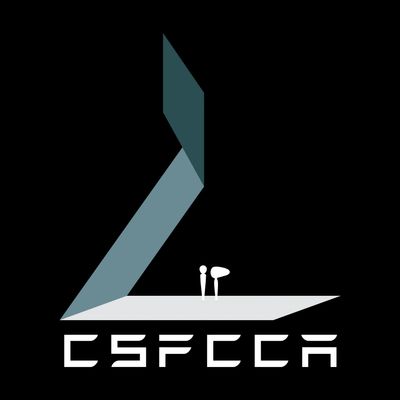 Minimalist logo with geometric shapes and the text 'CSFCCA' on black background.