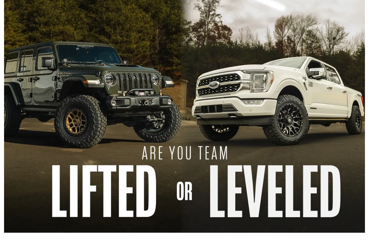 dramatic image showing lifted jeep and leveled ford f150