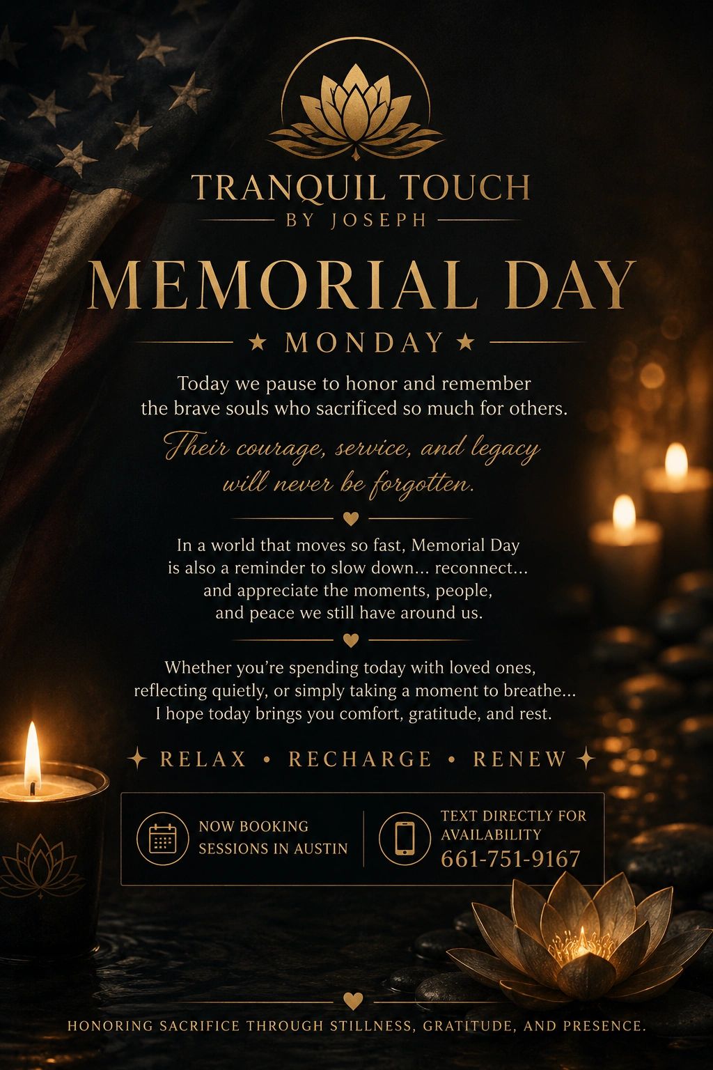 Memorial Day tribute with candles, lotus, and American flag honoring sacrifice and peace.