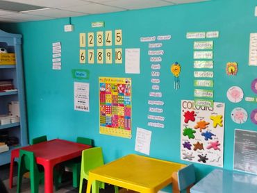 Colorful classroom with educational posters and small tables.