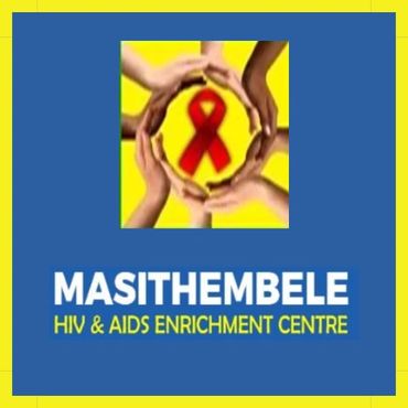 Logo of Masithembele HIV & AIDS Enrichment Centre with hands forming a circle around a red ribbon.