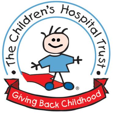 Logo of The Children's Hospital Trust with a child drawing and red banner.
