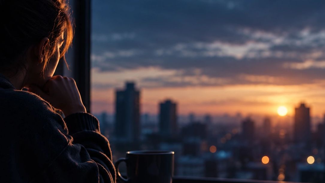 Woman looking out window at sunset with a cup.