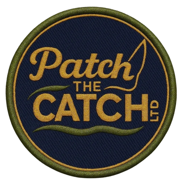 Round embroidered patch with 'Patch The Catch Ltd' text and fishing hook design.