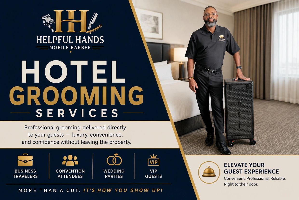 Mobile barber offering hotel grooming services for business, convention, wedding, and VIP guests.