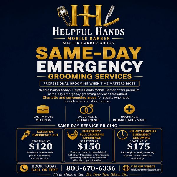 Mobile barber offering same-day emergency grooming services in Charlotte and surrounding areas.