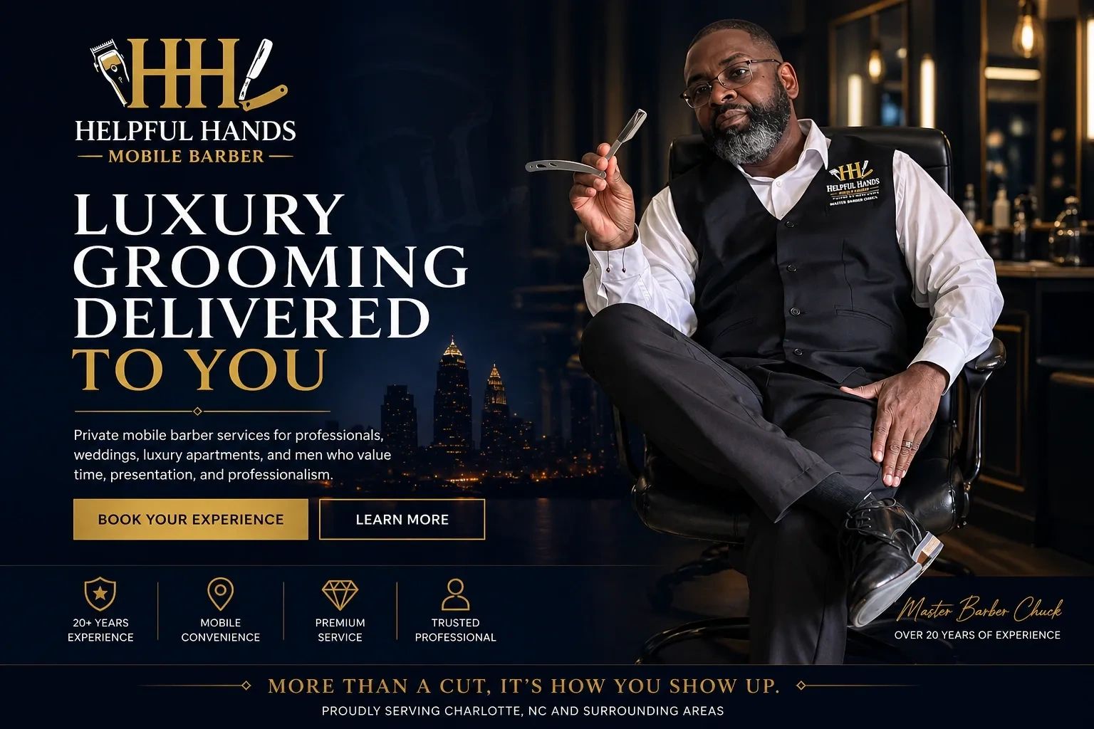 Mobile barber offering luxury grooming services in Charlotte, NC with over 20 years of experience.