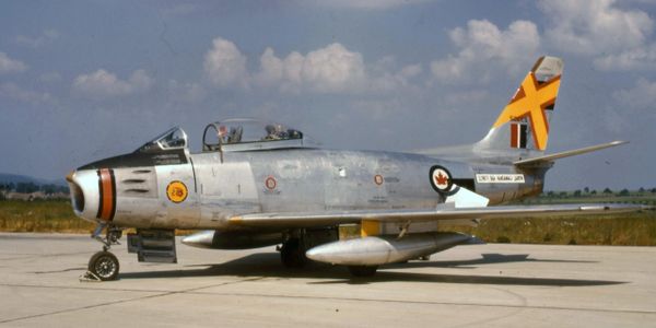 A Sabre Mk 5 of 439 Squadron with markings for Exercise Carte Blanche.