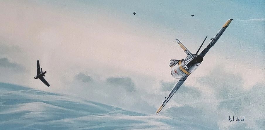Squadron Leader Omer Levesque chases down a MiG-15 in Korean skies. Painting by Peter J. Robichaud.