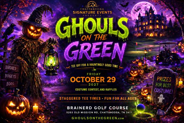 Halloween-themed golf event poster with spooky pumpkins and haunted mansion.