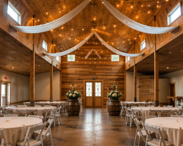 Rustic event hall with wooden interiors and white draped ceiling decor.