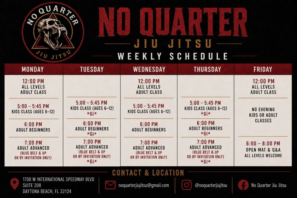No Quarter Jiu Jitsu weekly class schedule and contact info.