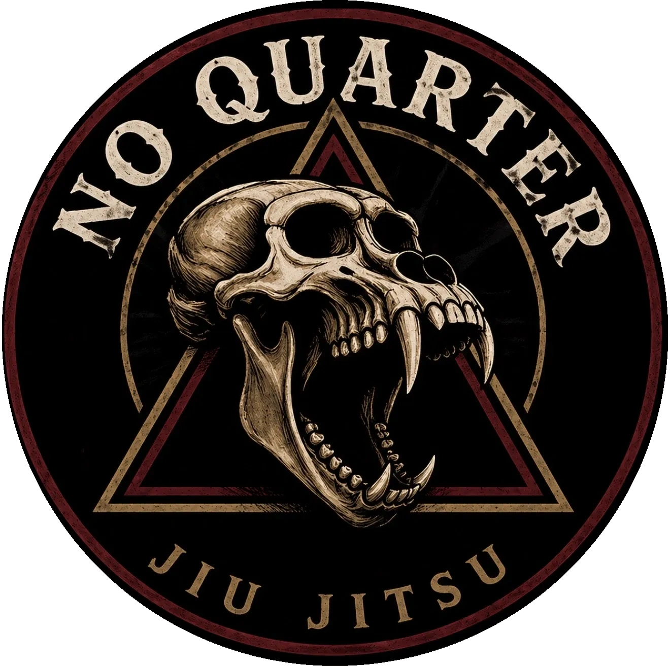 Logo featuring a roaring skull with the text 'No Quarter Jiu Jitsu'.