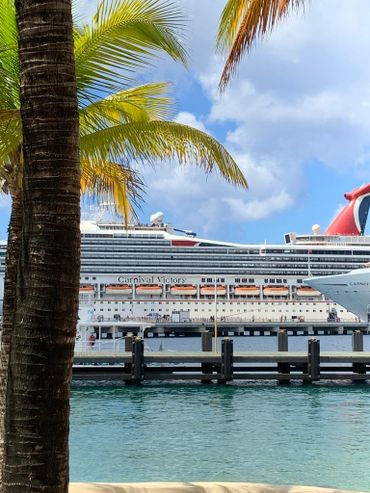 Carnival Victory cruise ship docked near palm trees and clear blue water.