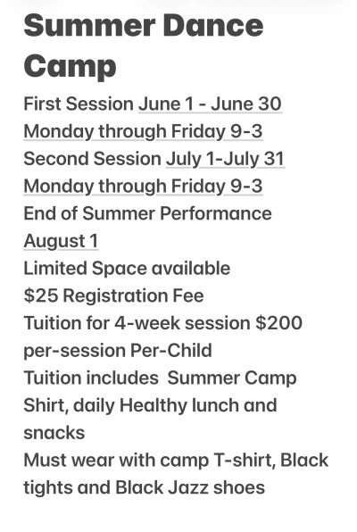 Details of a summer dance camp with sessions, fees, and dress code.