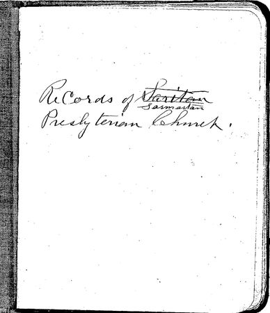 Handwritten title page of Presbyterian Church records.