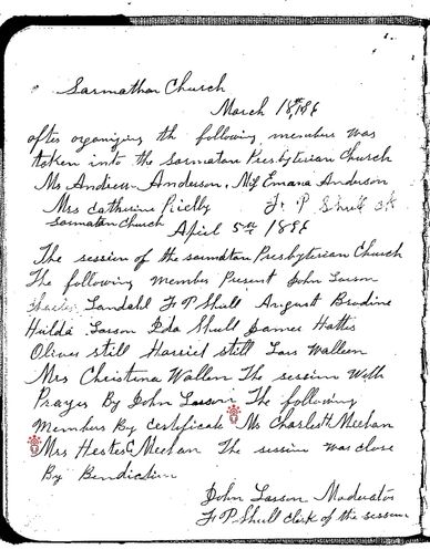 Handwritten church record from 1886 detailing members and session activities.